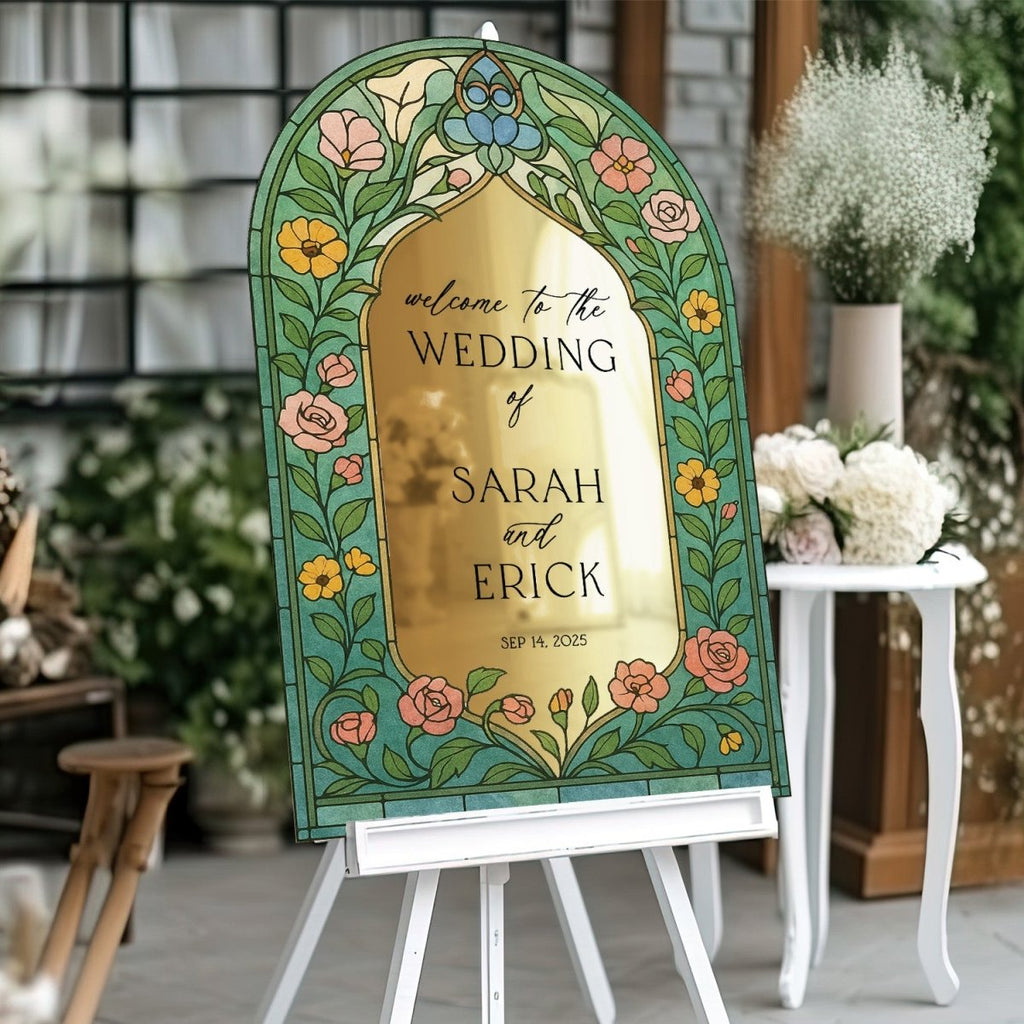 Stained Glass Wildflowers Wedding Sign, Floral Mirror Wedding Welcome Sign - SpeedyOrders