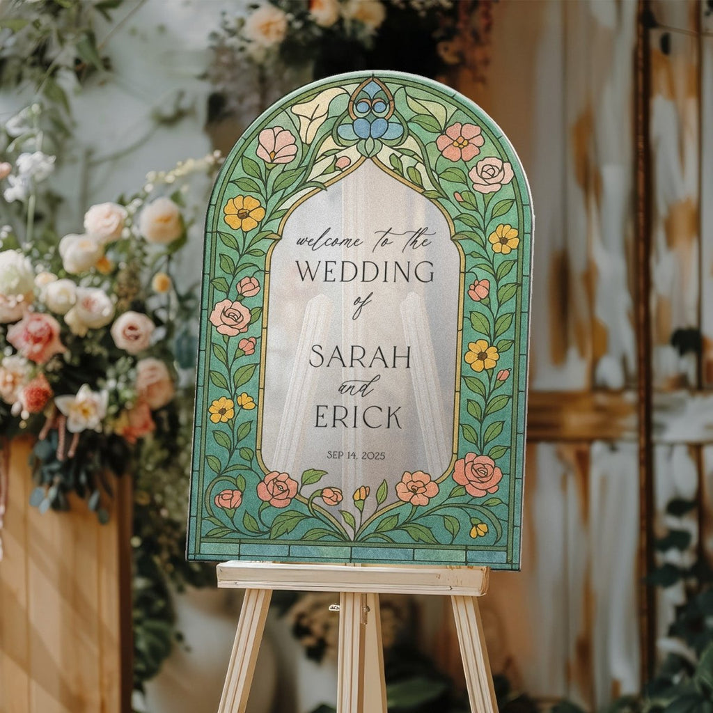Stained Glass Wildflowers Wedding Sign, Floral Mirror Wedding Welcome Sign - SpeedyOrders