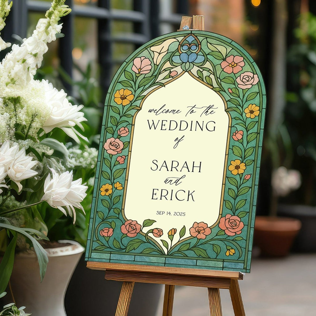 Stained Glass Wildflowers Wedding Sign, Floral Mirror Wedding Welcome Sign - SpeedyOrders
