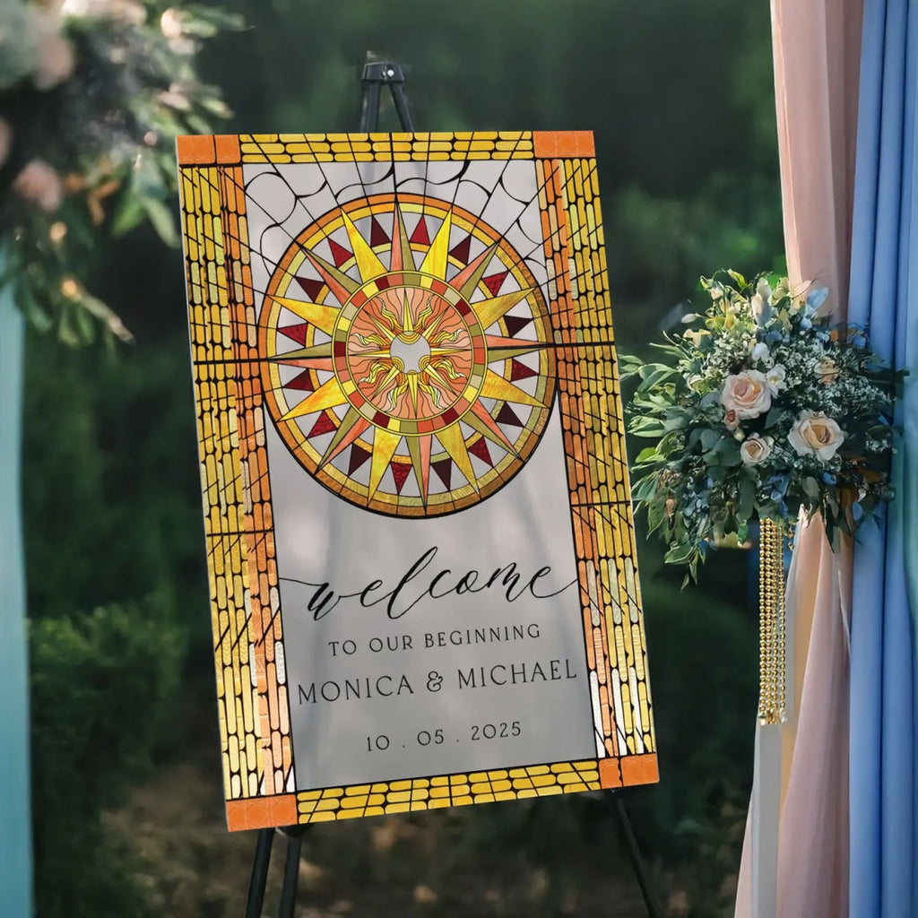 Sun Stained Glass Wedding Sign, Mirror Acrylic Gold Wedding Welcome Sign - SpeedyOrders