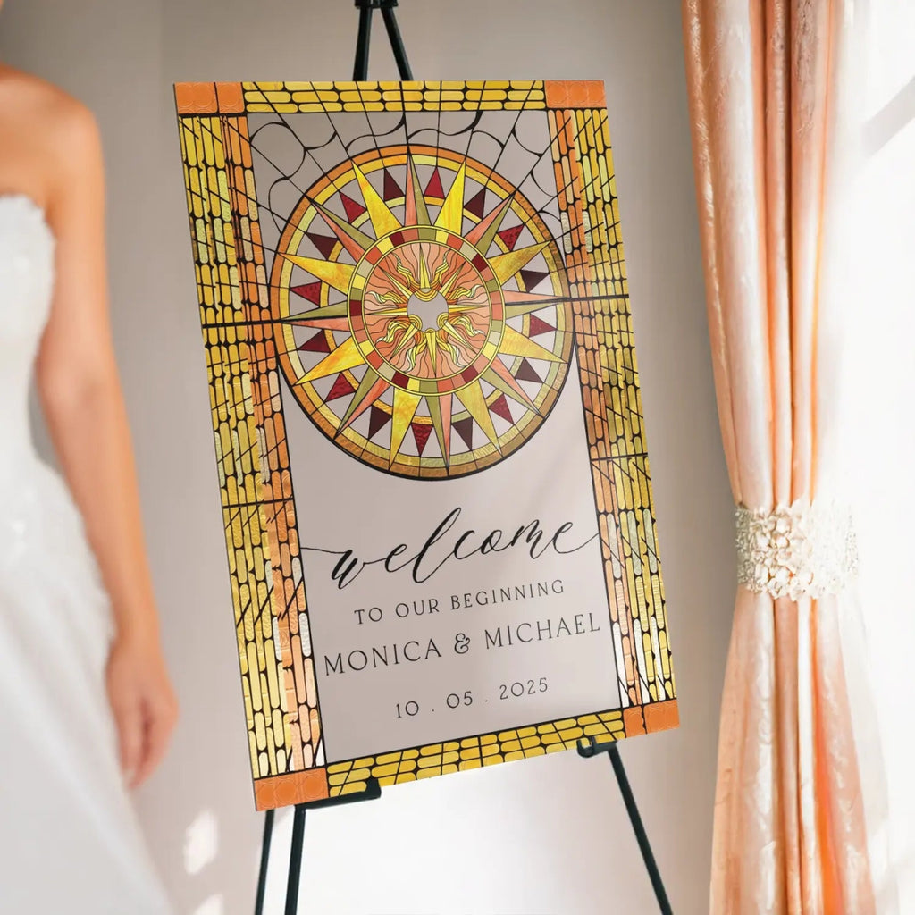 Sun Stained Glass Wedding Sign, Mirror Acrylic Gold Wedding Welcome Sign - SpeedyOrders
