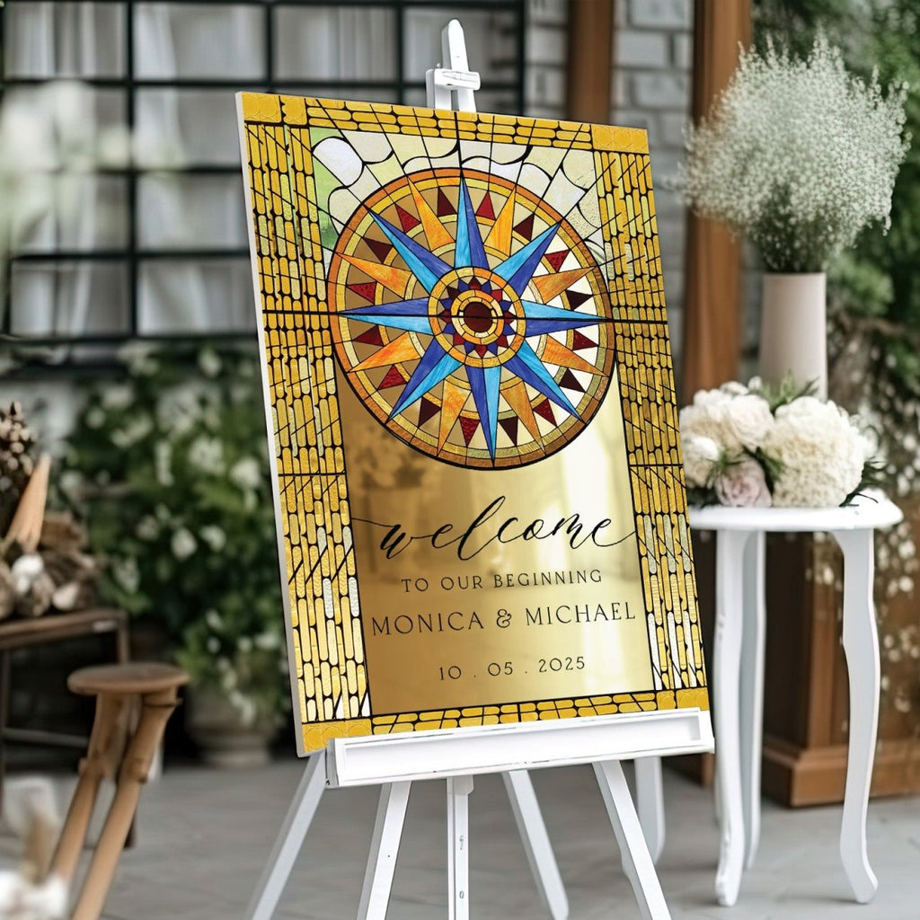 Sun Stained Glass Wedding Sign, Mirror Acrylic Gold Wedding Welcome Sign - SpeedyOrders