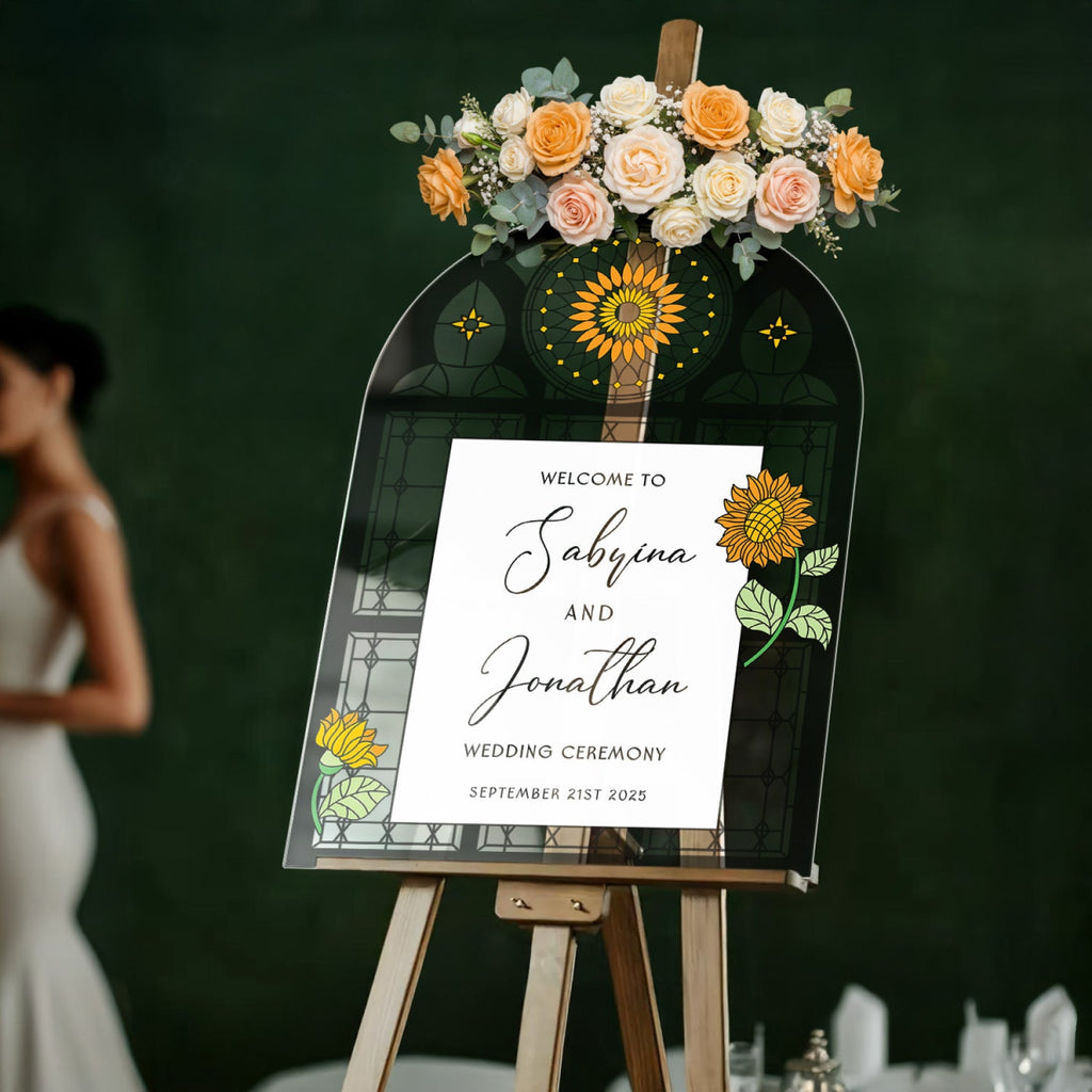 Sunflower Acrylic Wedding Sign, Floral Welcome Sign with Stained Glass Style - SpeedyOrders