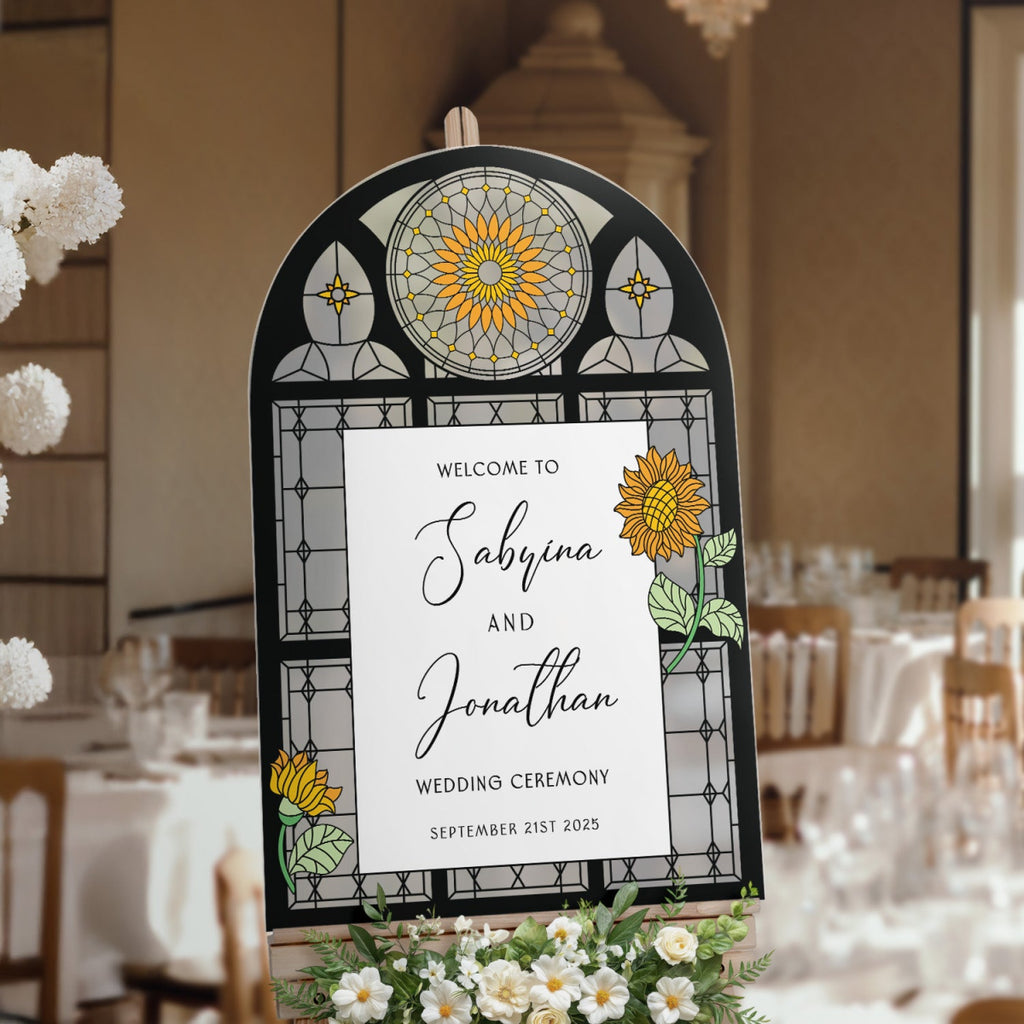 Sunflower Acrylic Wedding Sign, Floral Welcome Sign with Stained Glass Style - SpeedyOrders