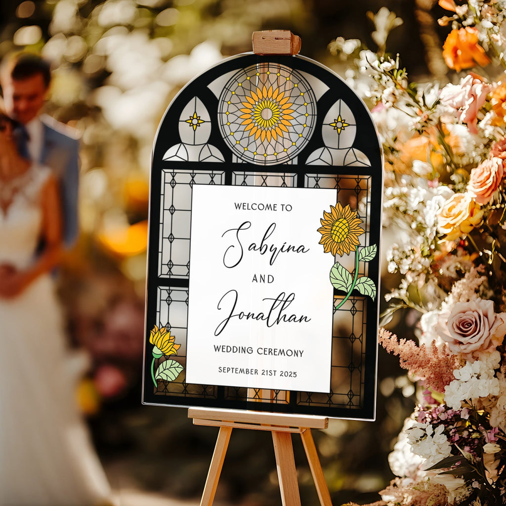 Sunflower Acrylic Wedding Sign, Floral Welcome Sign with Stained Glass Style - SpeedyOrders