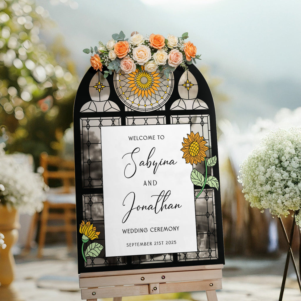 Sunflower Acrylic Wedding Sign, Floral Welcome Sign with Stained Glass Style - SpeedyOrders