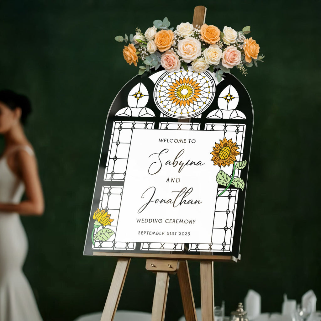 Sunflower Acrylic Wedding Sign, Floral Welcome Sign with Stained Glass Style - SpeedyOrders