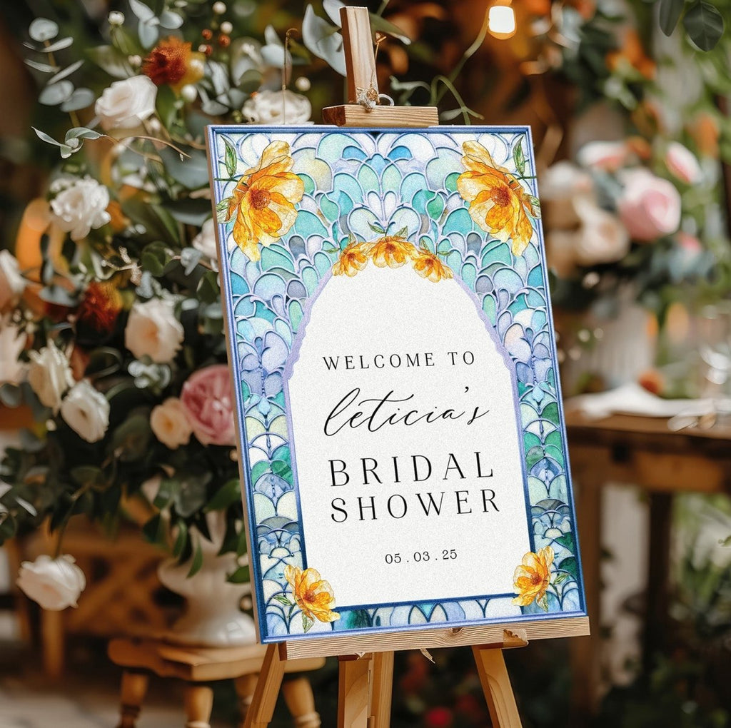 Sunflower Bridal Shower Sign, Blue Tiles Bridal Shower Welcome Sign - SpeedyOrders