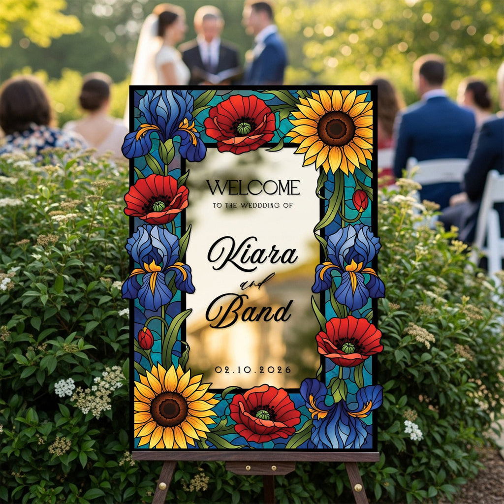 Sunflower Stained Glass Wedding Sign, Mirror Wedding Welcome Sign - SpeedyOrders
