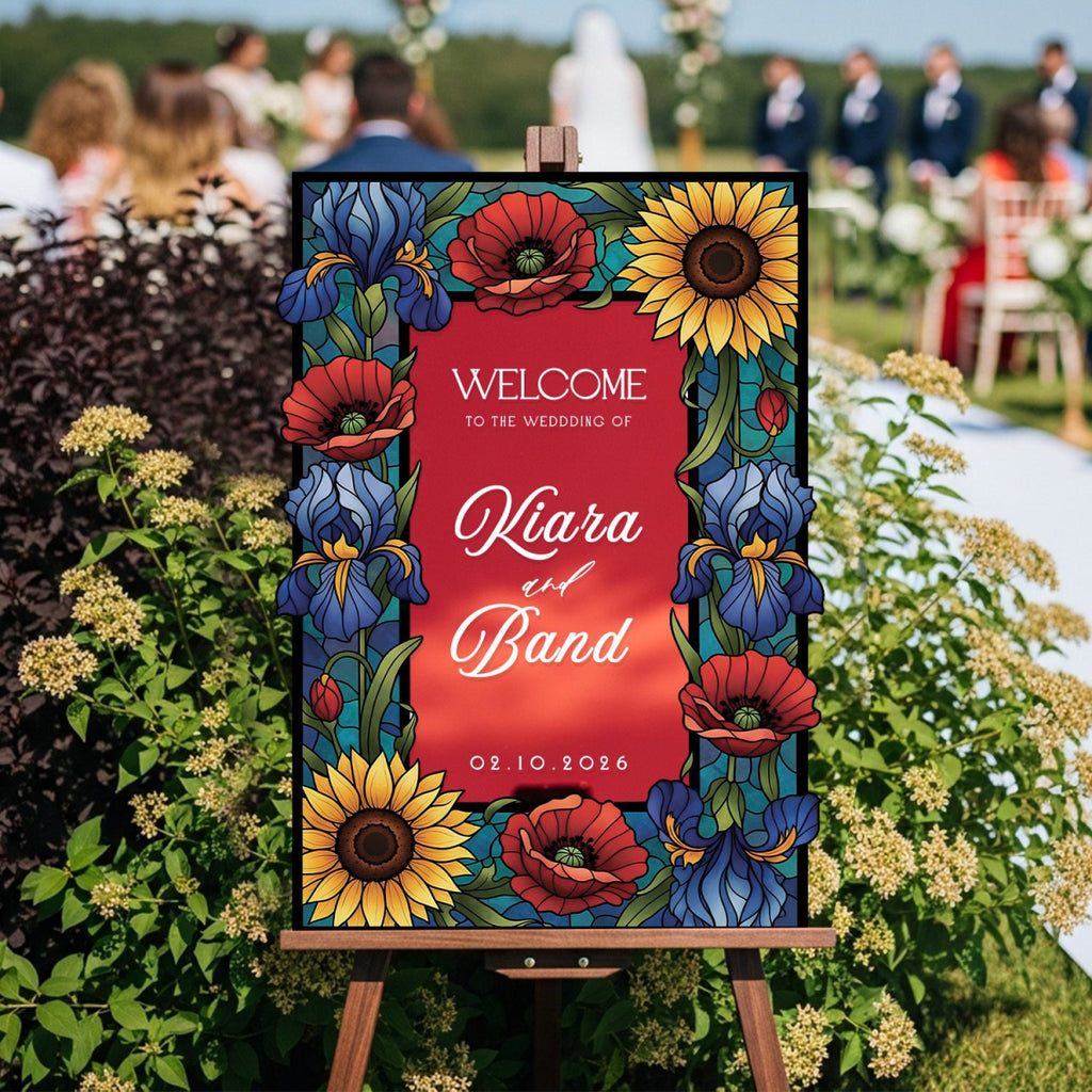 Sunflower Stained Glass Wedding Sign, Mirror Wedding Welcome Sign - SpeedyOrders