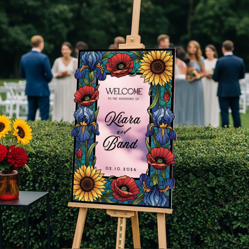 Sunflower Stained Glass Wedding Sign, Mirror Wedding Welcome Sign - SpeedyOrders