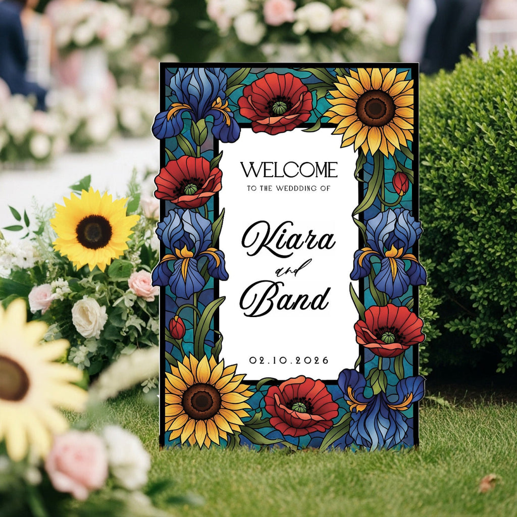 Sunflower Stained Glass Wedding Sign, Mirror Wedding Welcome Sign - SpeedyOrders