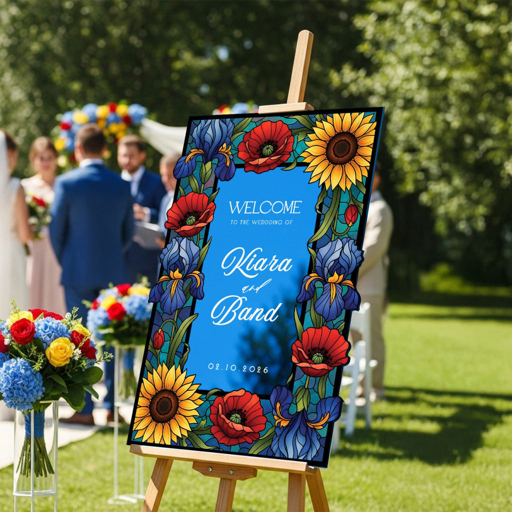 Sunflower Stained Glass Wedding Sign, Mirror Wedding Welcome Sign - SpeedyOrders