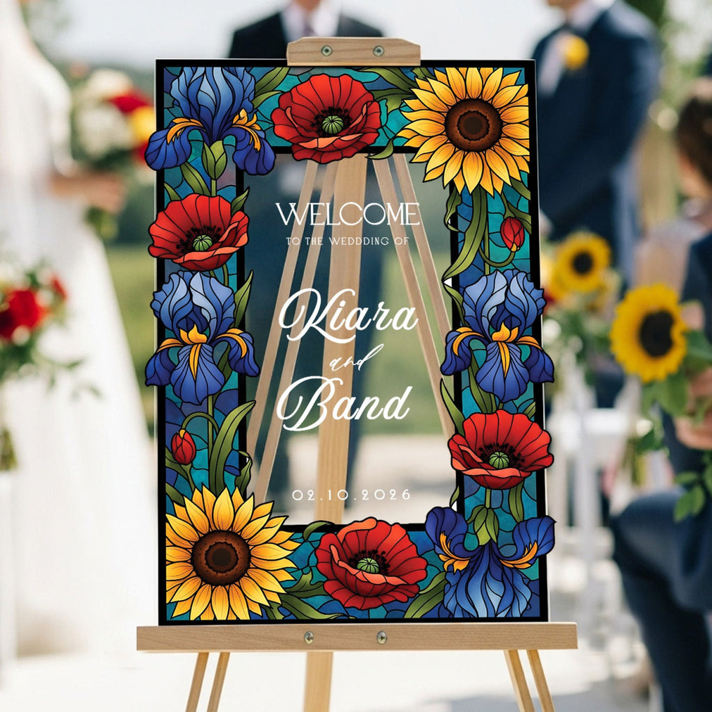 Sunflower Stained Glass Wedding Sign, Mirror Wedding Welcome Sign - SpeedyOrders