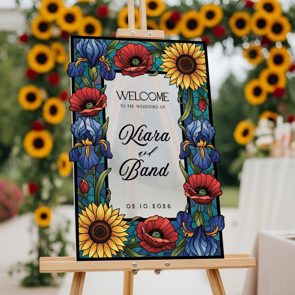 Sunflower Stained Glass Wedding Sign, Mirror Wedding Welcome Sign - SpeedyOrders
