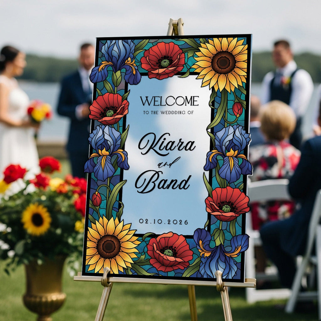 Sunflower Stained Glass Wedding Sign, Mirror Wedding Welcome Sign - SpeedyOrders