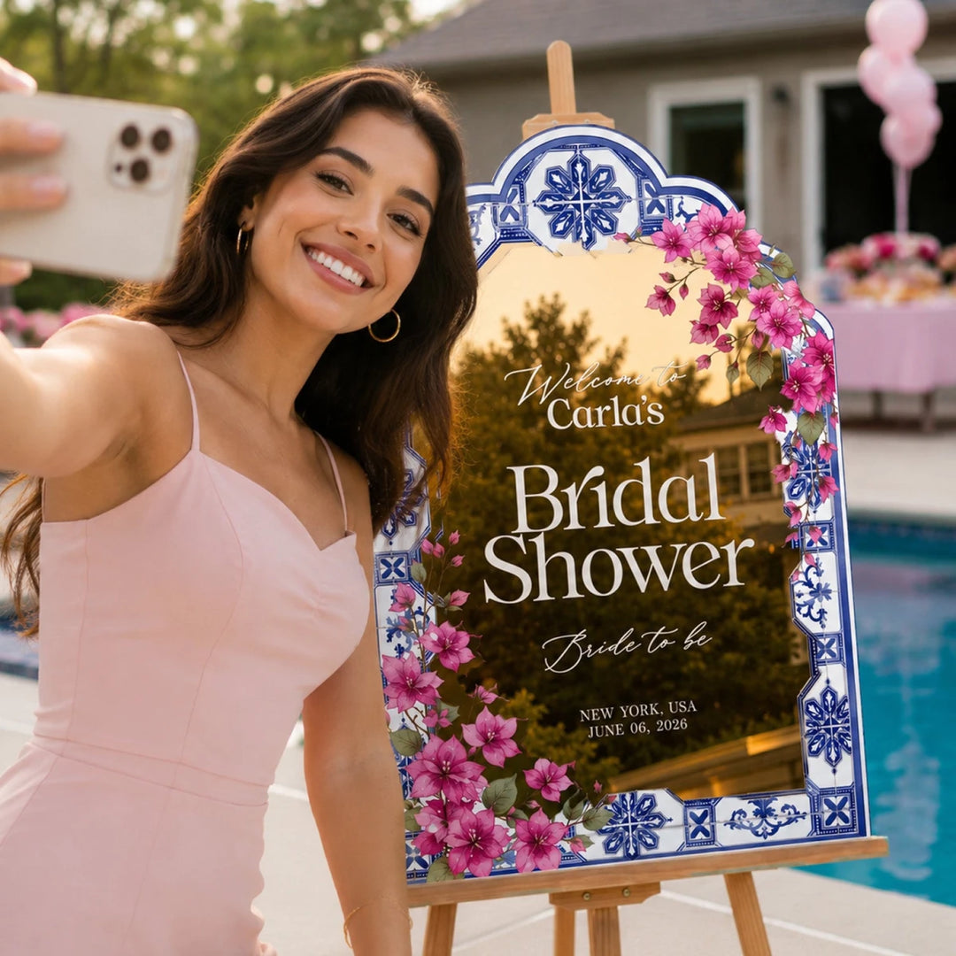 Talavera Blue Floral Bridal Shower Welcome Sign - SpeedyOrders
