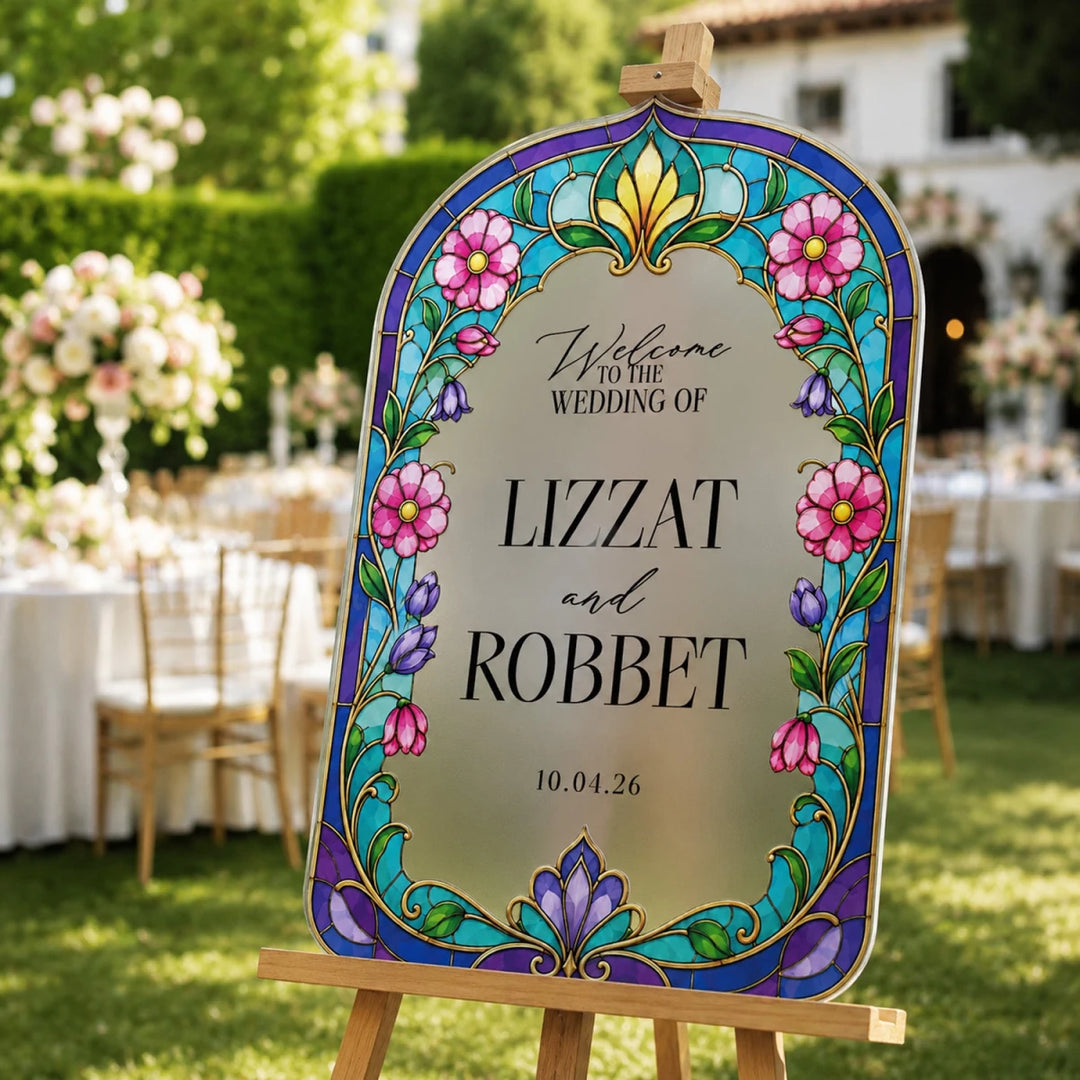 Teal & Purple Stained Glass Wedding Welcome Sign — Vibrant Floral Arch - SpeedyOrders
