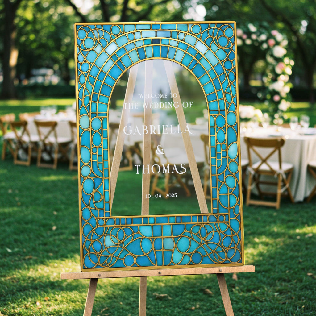 Teal Stained Glass Wedding Sign, Aqua Blue Wedding Welcome Sign - SpeedyOrders