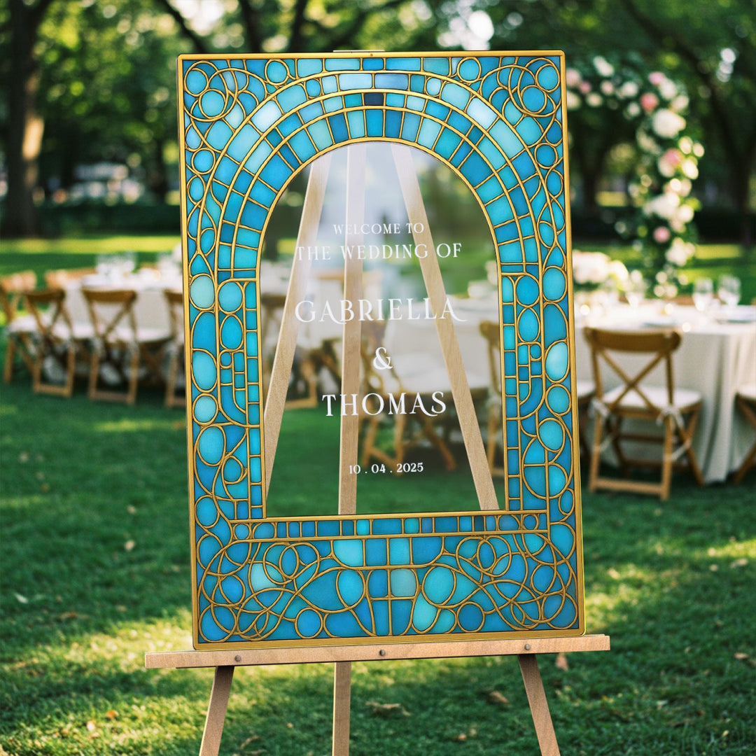 Teal Stained Glass Wedding Sign, Aqua Blue Wedding Welcome Sign - SpeedyOrders