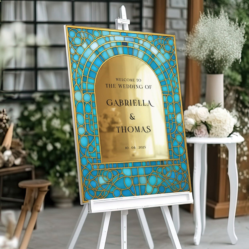 Teal Stained Glass Wedding Sign, Aqua Blue Wedding Welcome Sign - SpeedyOrders