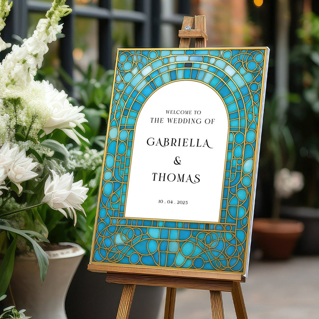 Teal Stained Glass Wedding Sign, Aqua Blue Wedding Welcome Sign - SpeedyOrders