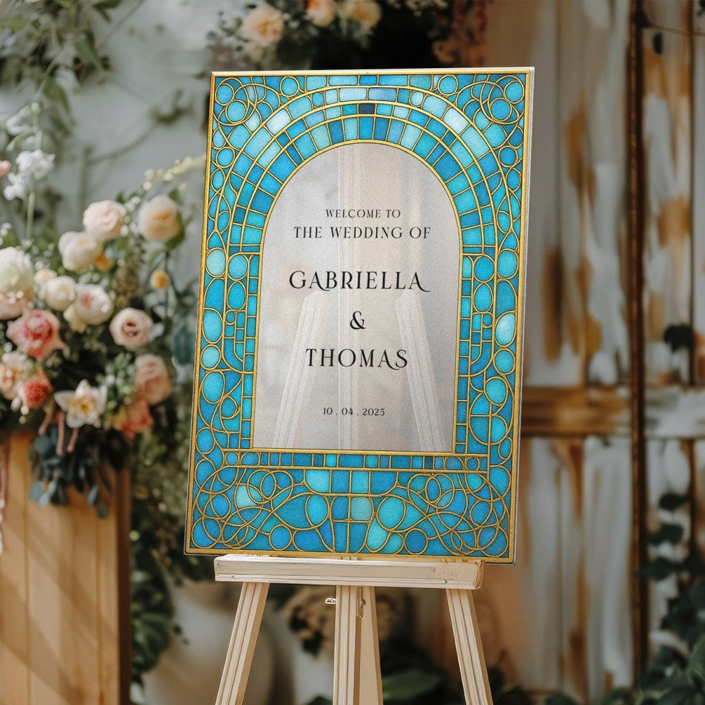 Teal Stained Glass Wedding Sign, Aqua Blue Wedding Welcome Sign - SpeedyOrders