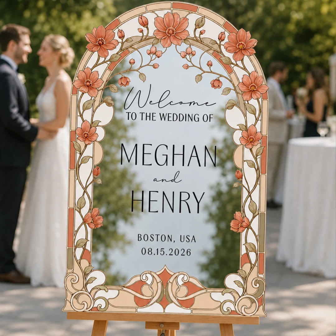 Terracotta & Peach Stained Glass Wedding Welcome Sign — Warm Botanical Arch - SpeedyOrders