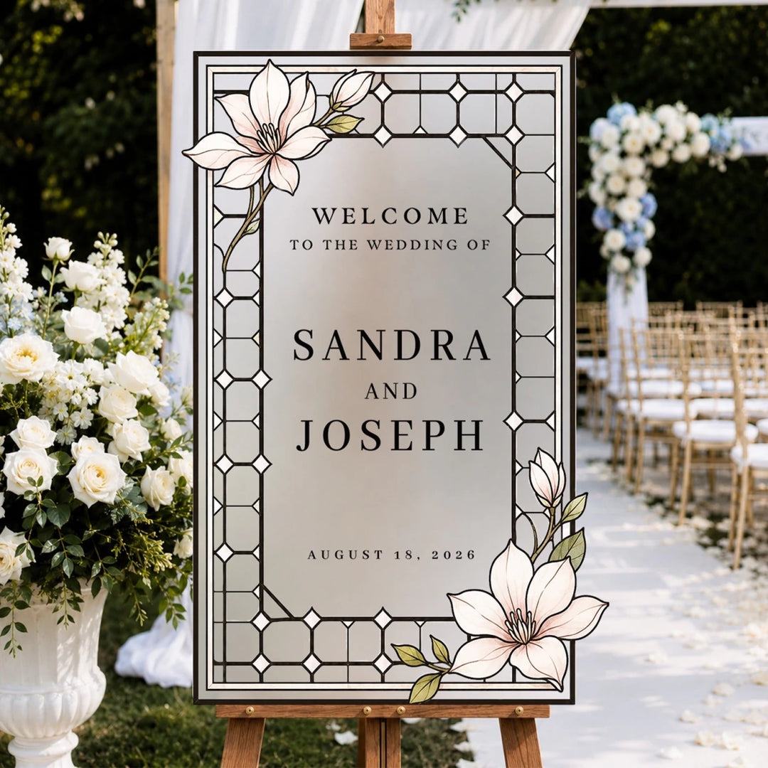 Tiffany Geometric Stained Glass Wedding Welcome Sign — White Magnolia Frame - SpeedyOrders