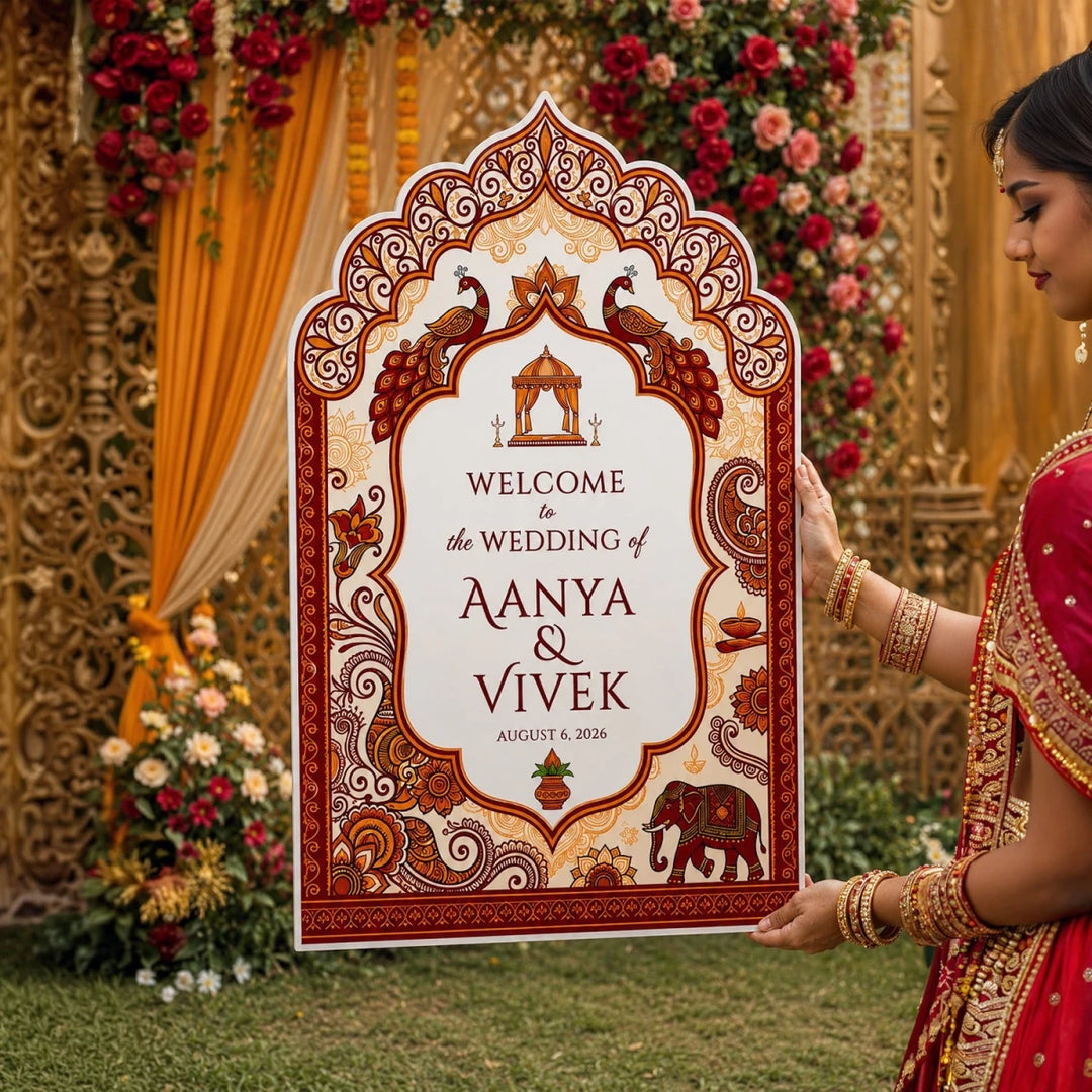 Traditional Indian Floral Peacock Wedding Welcome Sign - SpeedyOrders
