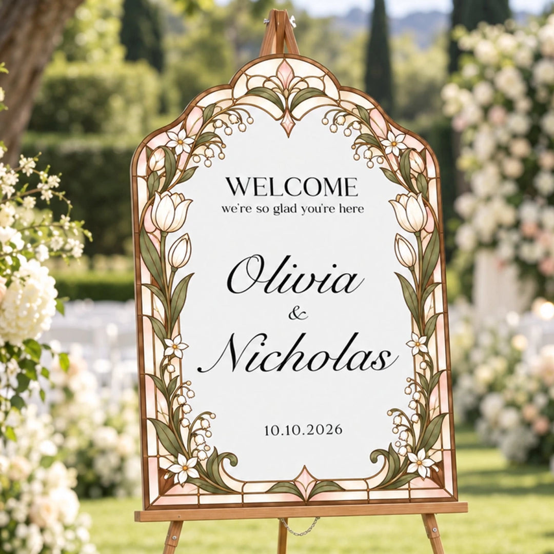 Tulip & Lily of the Valley Stained Glass Wedding Welcome Sign — Botanical Arch - SpeedyOrders