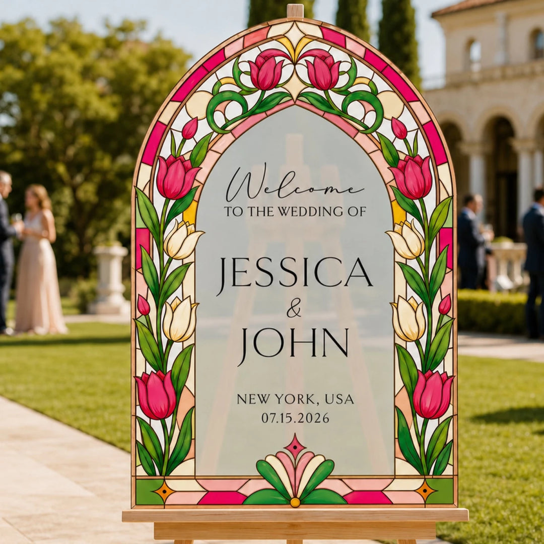 Tulip Stained Glass Wedding Welcome Sign — Floral Botanical Arch - SpeedyOrders