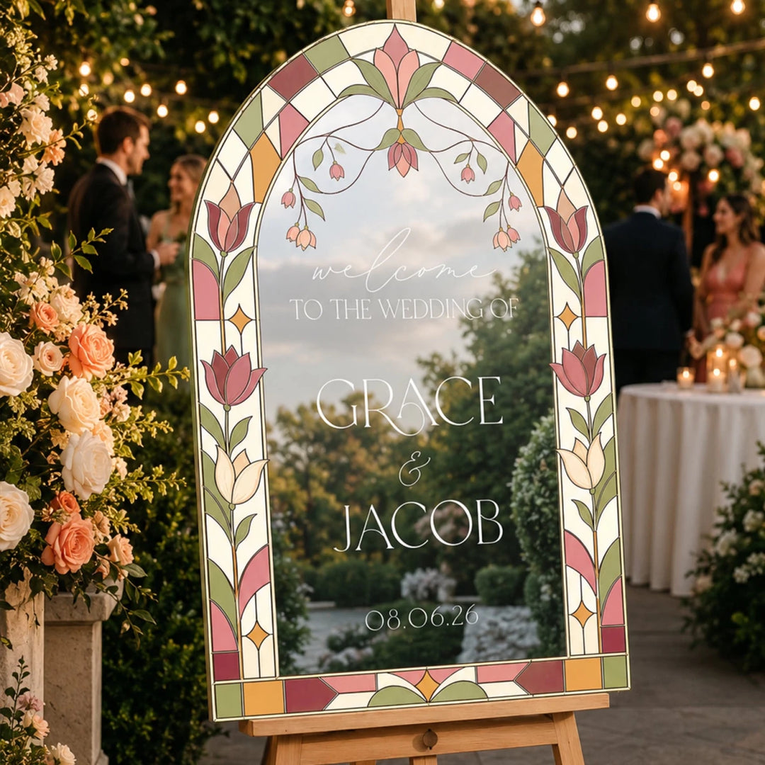Tulip Stained Glass Wedding Welcome Sign — Vintage Rose & Olive Arch - SpeedyOrders