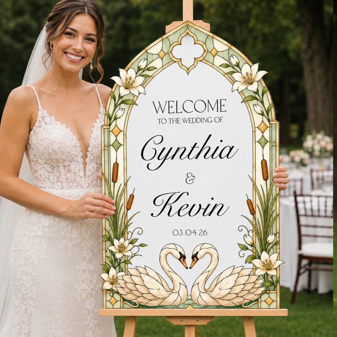 Two Swans Stained Glass Wedding Welcome Sign — Botanical Arch - SpeedyOrders