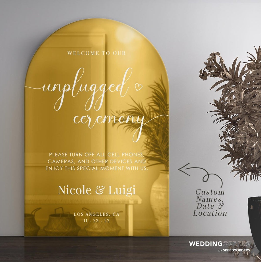 Unplugged Wedding Ceremony Sign, Gold Mirror Wedding Sign - SpeedyOrders