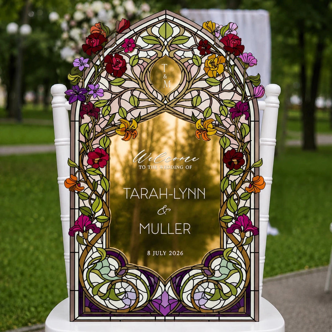Victorian Wildflowers Stained Glass Wedding Welcome Sign - SpeedyOrders