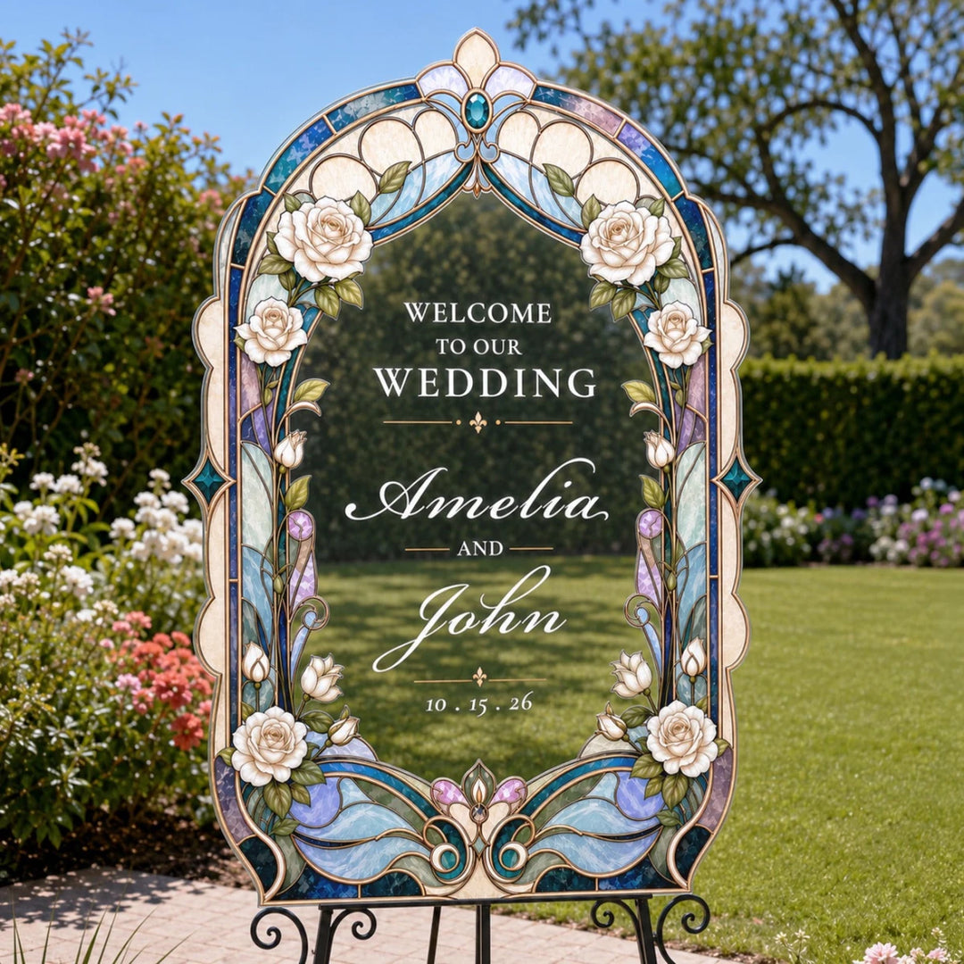 Vintage Art Nouveau White Rose Stained Glass Wedding Welcome Sign - SpeedyOrders