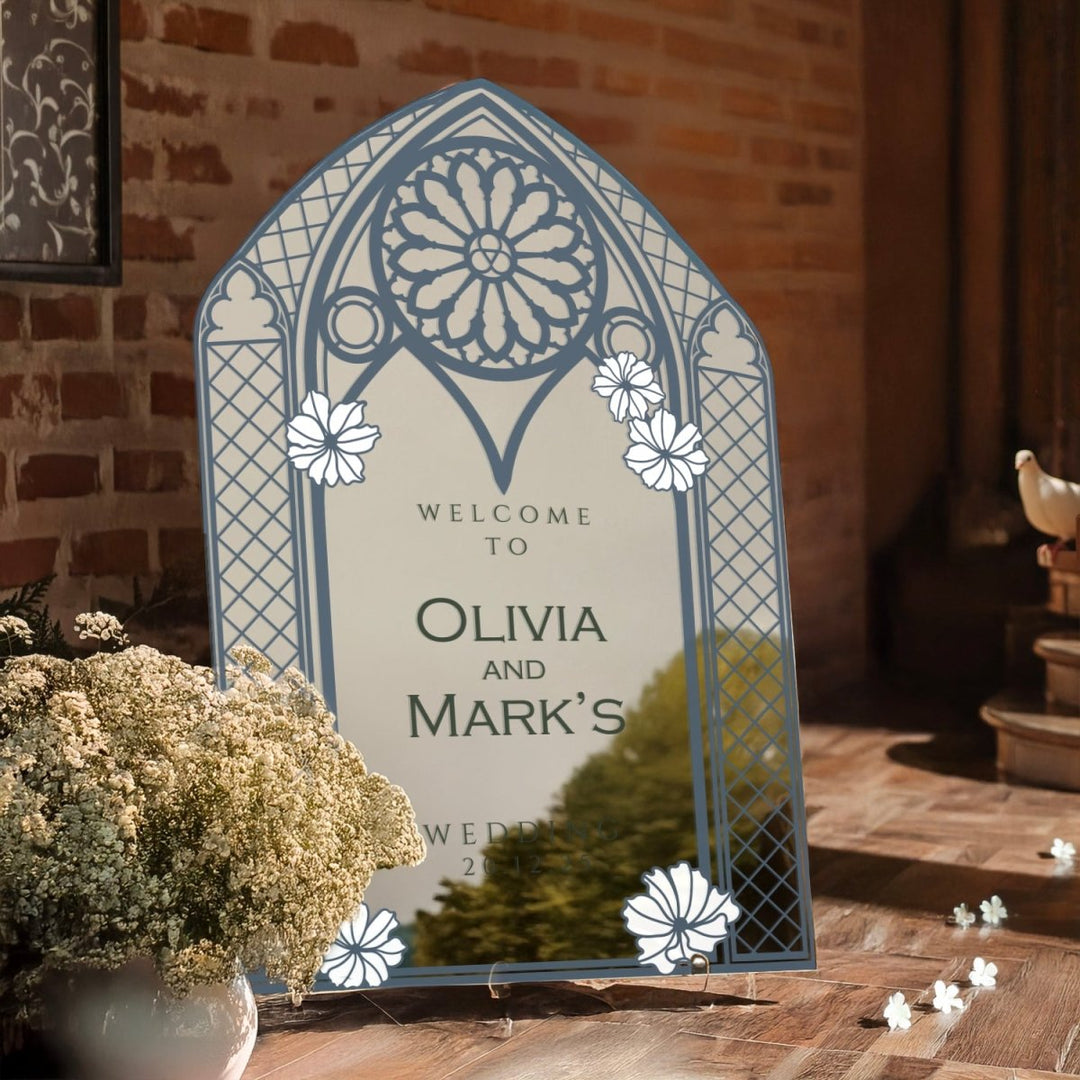 Vintage Stained Glass Wedding Welcome Sign, Vintage Teal Wedding Sign, Mirror Or Frosted Acrylic Wedding Entrance Sign - SpeedyOrders