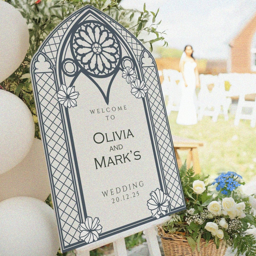 Vintage Stained Glass Wedding Welcome Sign, Vintage Teal Wedding Sign, Mirror Or Frosted Acrylic Wedding Entrance Sign - SpeedyOrders