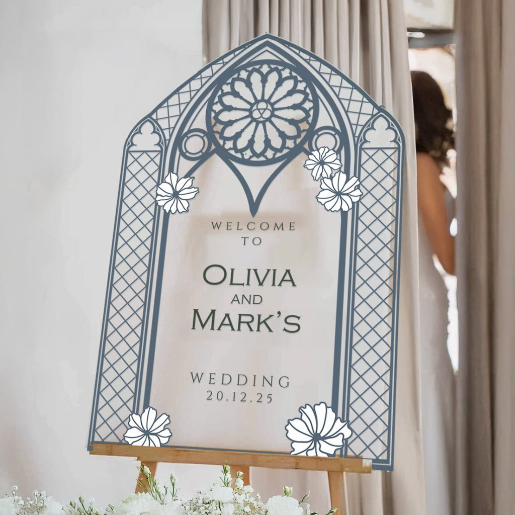 Vintage Stained Glass Wedding Welcome Sign, Vintage Teal Wedding Sign, Mirror Or Frosted Acrylic Wedding Entrance Sign - SpeedyOrders