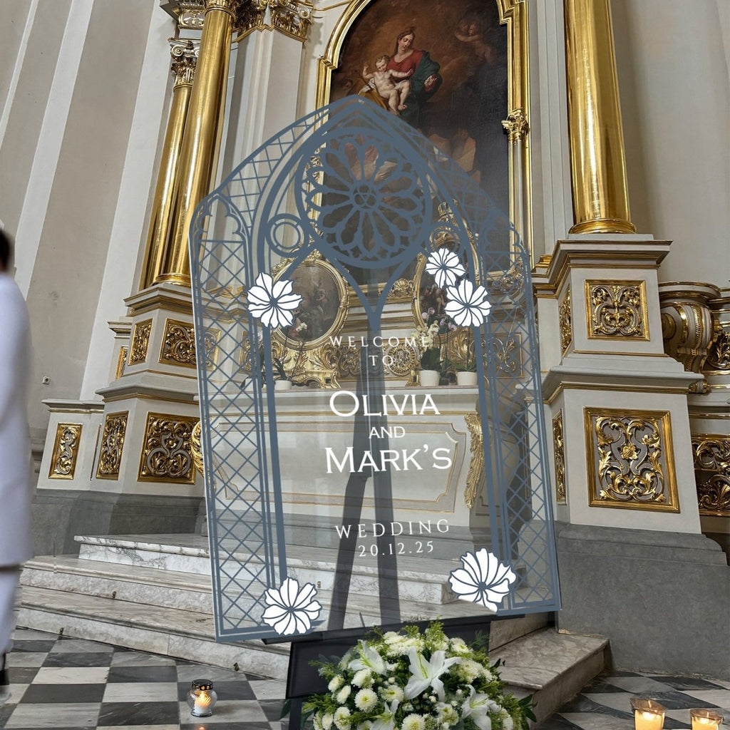 Vintage Stained Glass Wedding Welcome Sign, Vintage Teal Wedding Sign, Mirror Or Frosted Acrylic Wedding Entrance Sign - SpeedyOrders