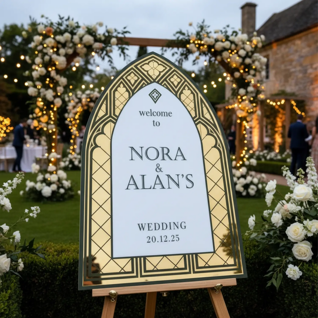 Vintage Wedding Sign, Stained Glass Wedding Welcome Sign, Sage Green Mirror Or Acrylic Wedding Entrance Sign - SpeedyOrders