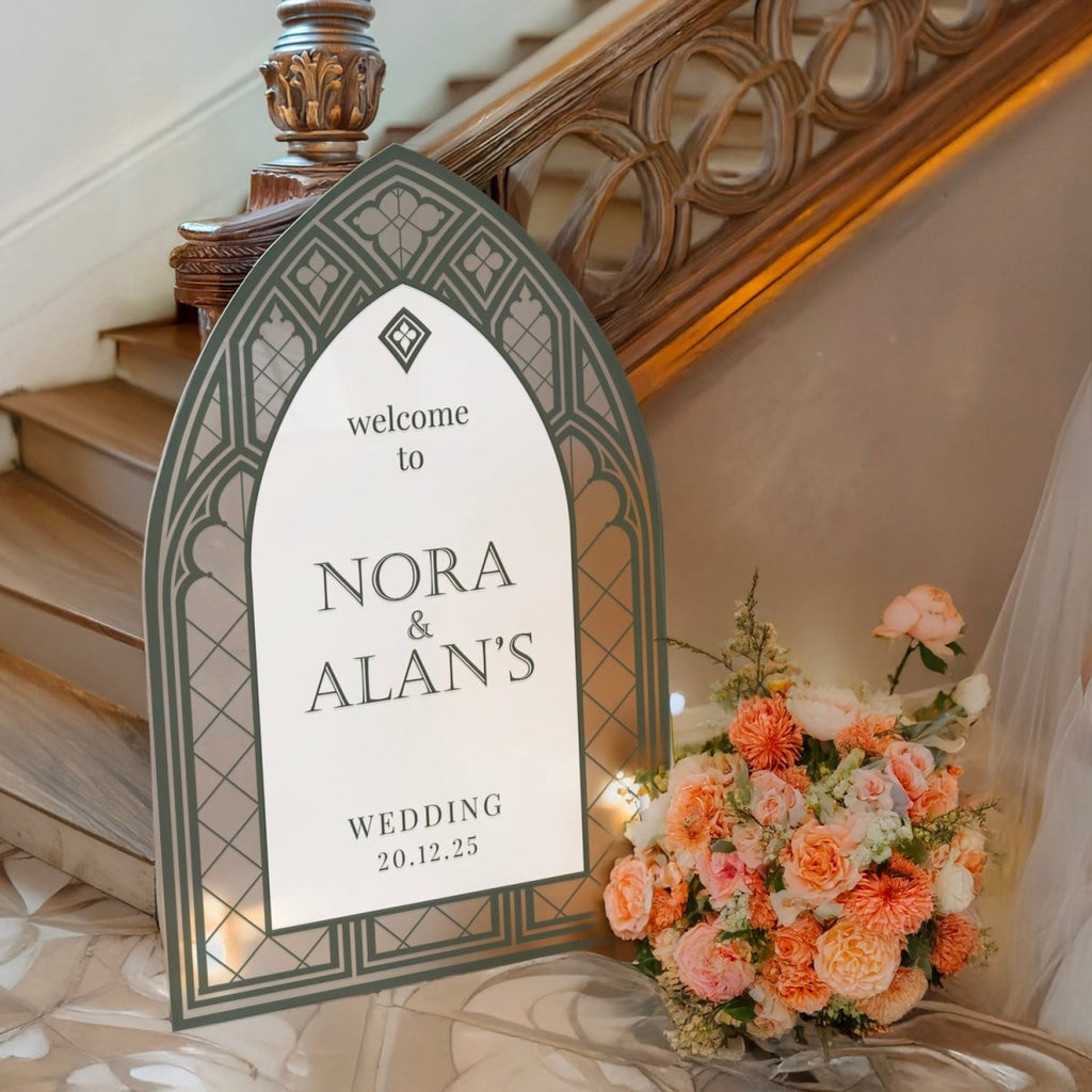 Vintage Wedding Sign, Stained Glass Wedding Welcome Sign, Sage Green Mirror Or Acrylic Wedding Entrance Sign - SpeedyOrders