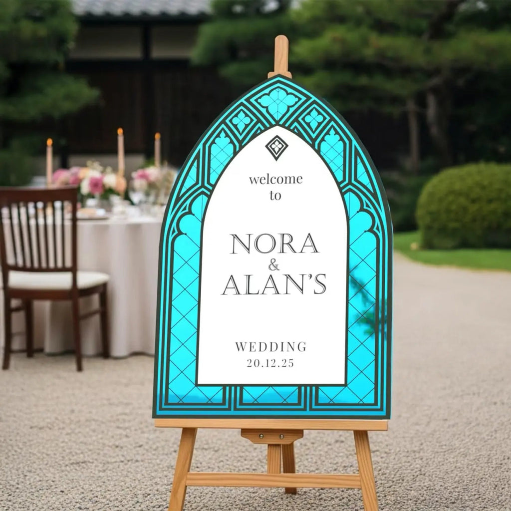 Vintage Wedding Sign, Stained Glass Wedding Welcome Sign, Sage Green Mirror Or Acrylic Wedding Entrance Sign - SpeedyOrders