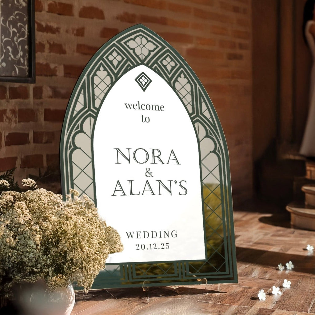 Vintage Wedding Sign, Stained Glass Wedding Welcome Sign, Sage Green Mirror Or Acrylic Wedding Entrance Sign - SpeedyOrders