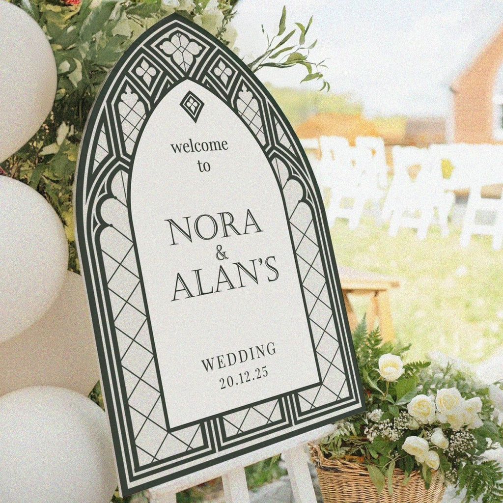 Vintage Wedding Sign, Stained Glass Wedding Welcome Sign, Sage Green Mirror Or Acrylic Wedding Entrance Sign - SpeedyOrders