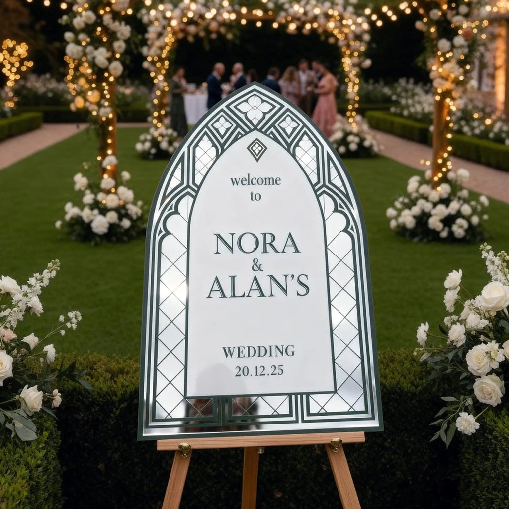 Vintage Wedding Sign, Stained Glass Wedding Welcome Sign, Sage Green Mirror Or Acrylic Wedding Entrance Sign - SpeedyOrders