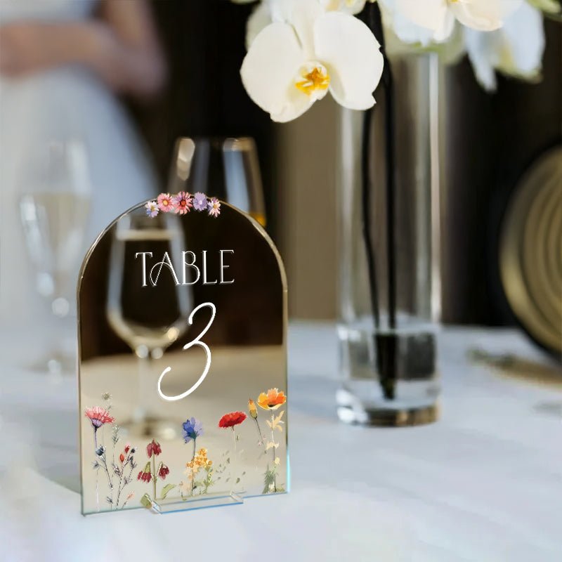 Wedding Table Numbers, Wildflowers Wedding Table Signs, Frosted Acrylic Or Mirrors Table Numbers, Wedding Table Decorations - SpeedyOrders