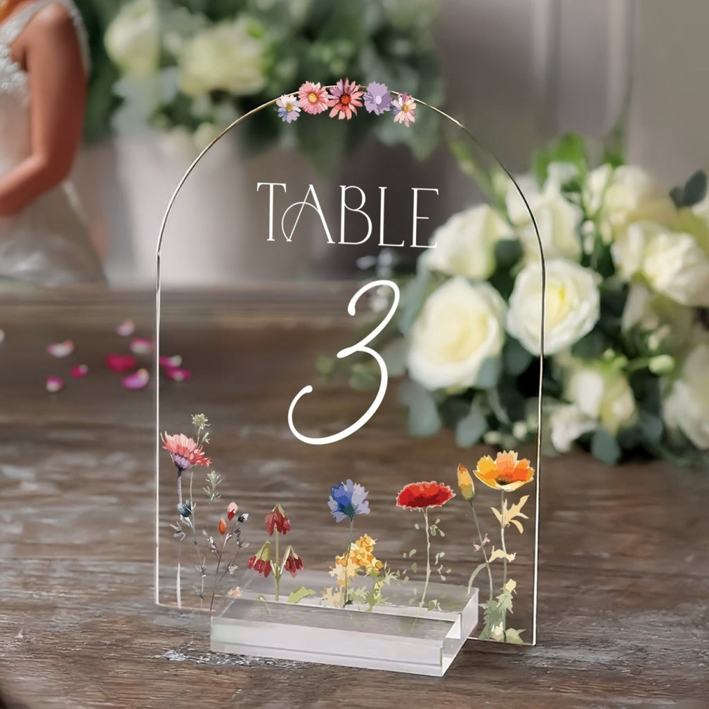 Wedding Table Numbers, Wildflowers Wedding Table Signs, Frosted Acrylic Or Mirrors Table Numbers, Wedding Table Decorations - SpeedyOrders
