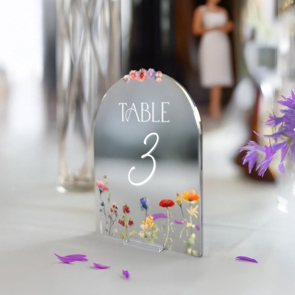 Wedding Table Numbers, Wildflowers Wedding Table Signs, Frosted Acrylic Or Mirrors Table Numbers, Wedding Table Decorations - SpeedyOrders